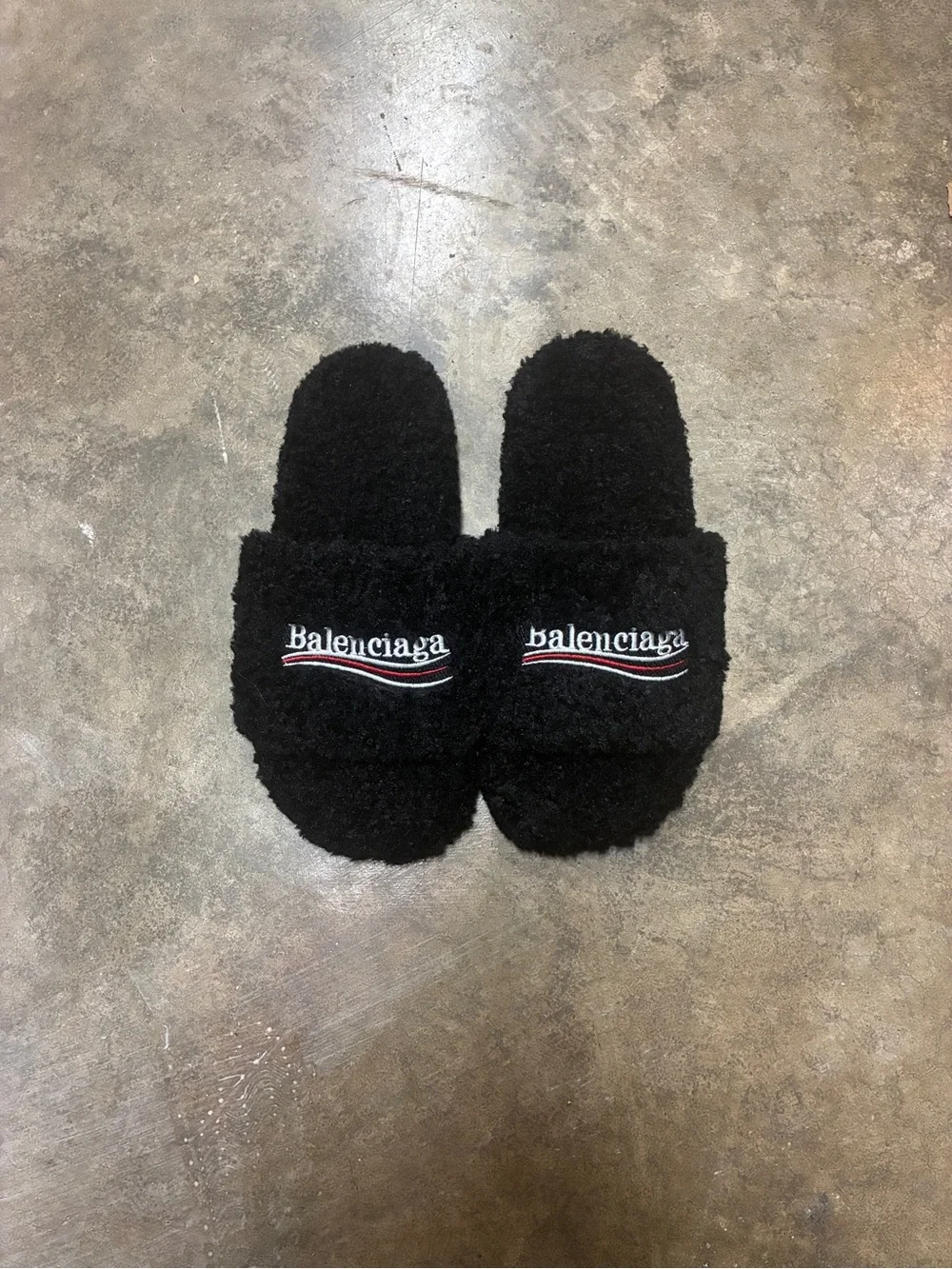 Balenciaga Black Furry Slide Sandals